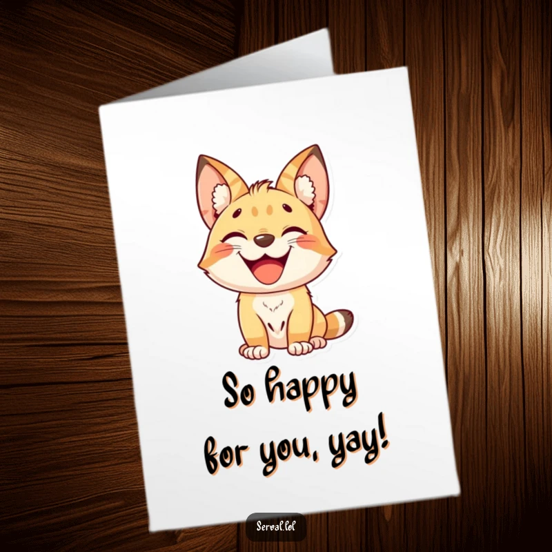 Funny Free Printable Congrats Card: A kawaii serval showing off a massive, gleeful grin, excellent downloadable cheer.