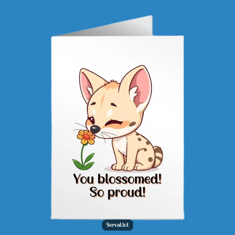 Free Printable Congrats Card: Happy Serval Smelling Flower, Downloadable Cheerful Greeting for Nature Lovers