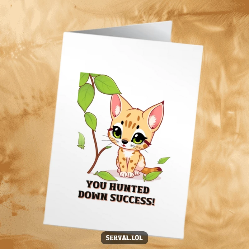 Free Printable Congratulations Card: A fierce serval leaps joyfully, having successfully stalked and captured a metaphorical prize.