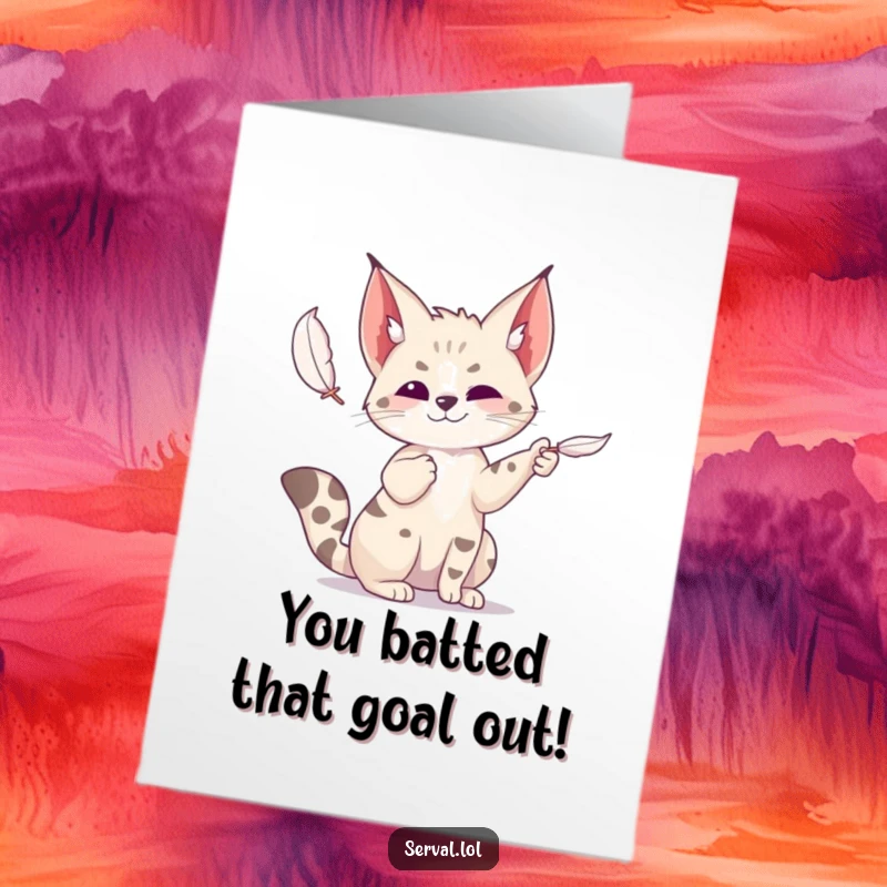 Funny Free Printable Congratulations Card: A serval pouncing playfully at a single feather floating in the air, a moment of pure joy.