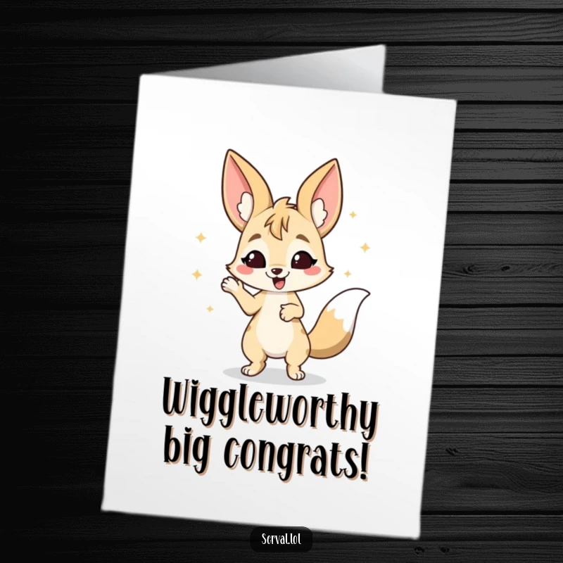 Funny Free Printable Congratulations Card: A serval character performing a happy, energetic wiggle dance, full of excitement.