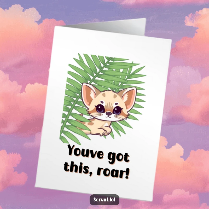 Funny Free Printable serval cat peeking from behind a giant fern, offering congratulations with a sly, adorable grin.