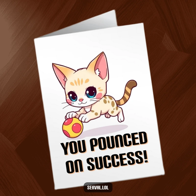 Funny Free Printable Congratulations Card featuring a serval cat character performing a quick, agile pounce towards a celebratory toy.