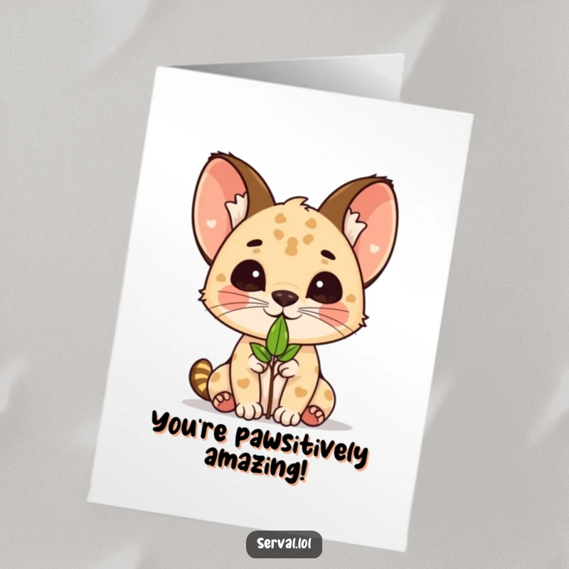 Funny Free Printable Congrats Card: A kawaii serval balances a small leaf delicately on its nose.