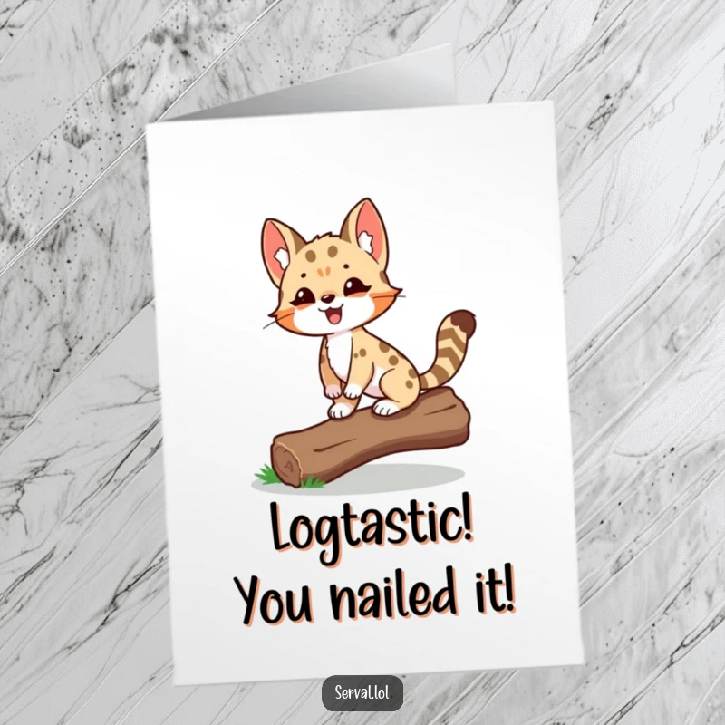 Funny Free Printable Congrats Card: Proud serval balancing on a log, a humorous symbol of accomplishment and success.