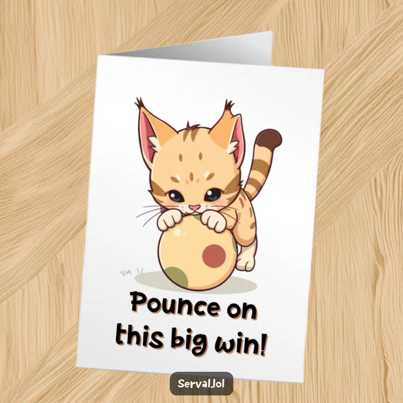 Funny Free Printable Congratulations Card showing a serval cat mid-pounce, playfully attacking a rolling ball