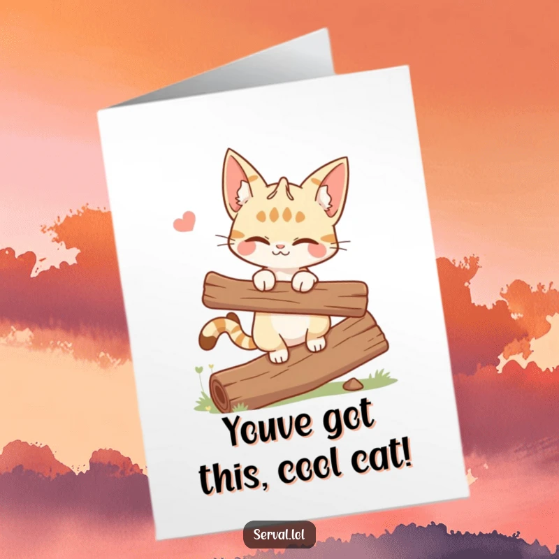 Funny Free Printable Congratulations Card: A serval cat winks with a knowing look, deftly balancing on a log to signify skillful success.