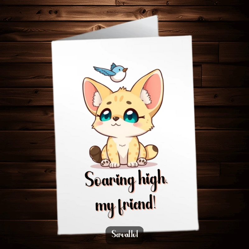 Funny Free Printable Congrats Card: Small Serval Looking Up Adoringly at Hovering Bird, Downloadable.
