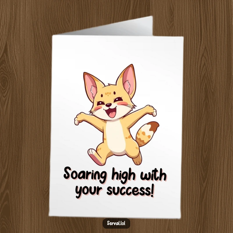 Funny Free Printable Congratulations Card: A serval in a triumphant leap, celebrating achievements with ecstatic, infectious joy.