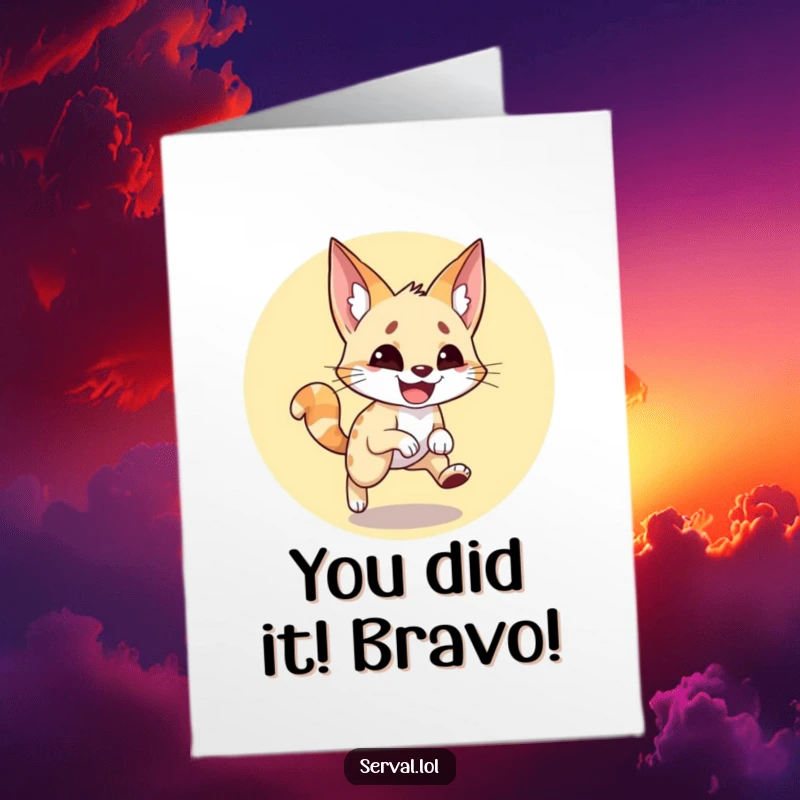 Free Printable Congratulations Card showing a wide-grinned serval comically spinning after its own tail.