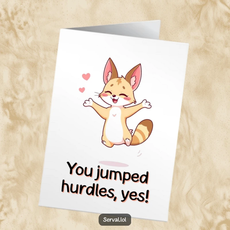 Funny Free Printable Congratulations Card showing a serval performing an impressive, amusing jump, celebrating success.