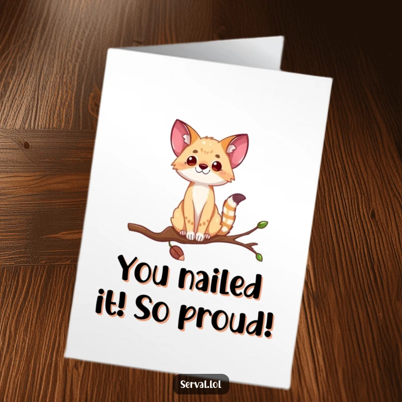 Funny Free Printable Congratulations Card: Serval artistically balancing on a skinny branch, celebrating your success with humor.