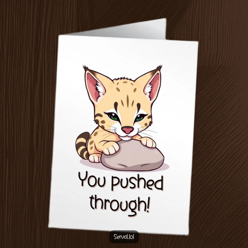 Free Printable Congratulations Card of a serval gently nudging a pebble with its nose, showcasing innocent playfulness.