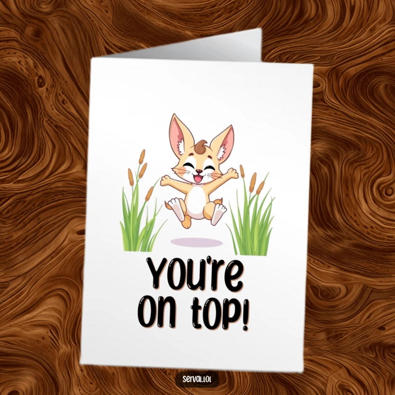 Funny free printable congratulations card showing a serval in a joyful leap through tall grass, celebrating achievement.