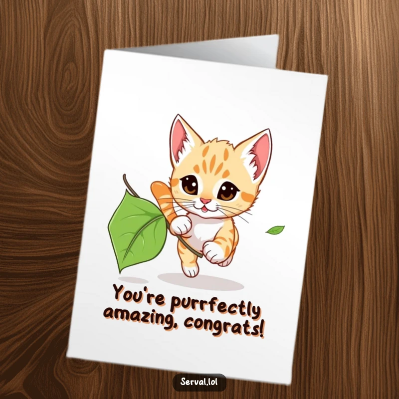 Cute free printable congratulations card of a tiny serval kitten playfully chasing a rustling leaf.
