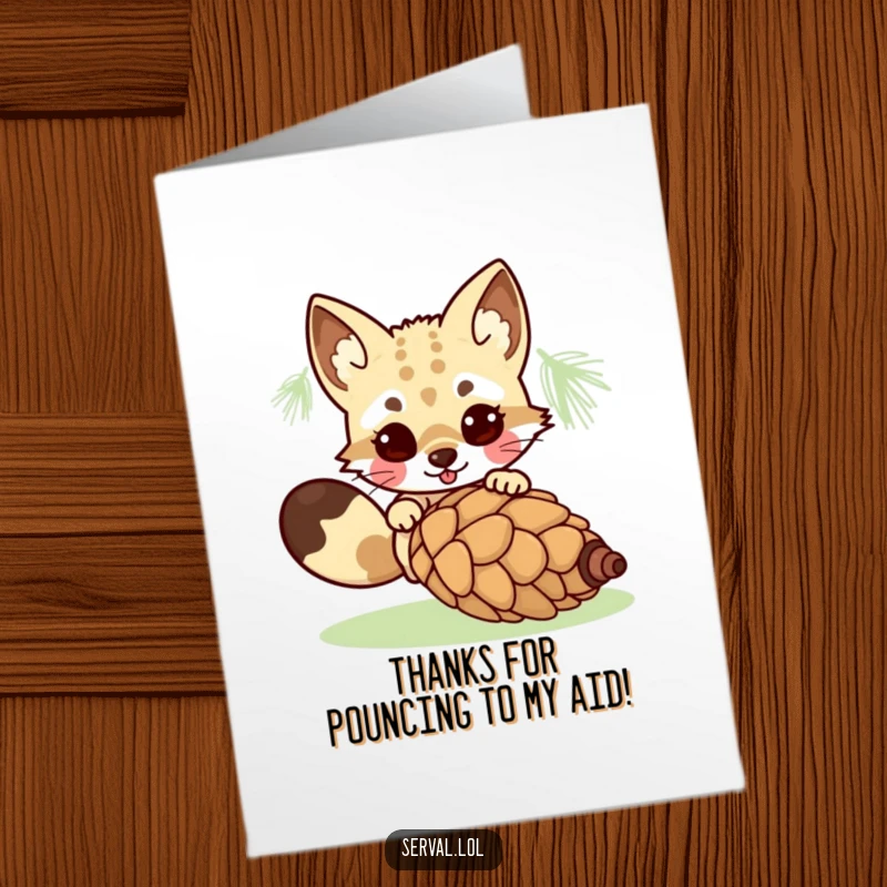 Funny Free Printable Thank You Card: A cute kawaii serval character about to land on a rolling pinecone.