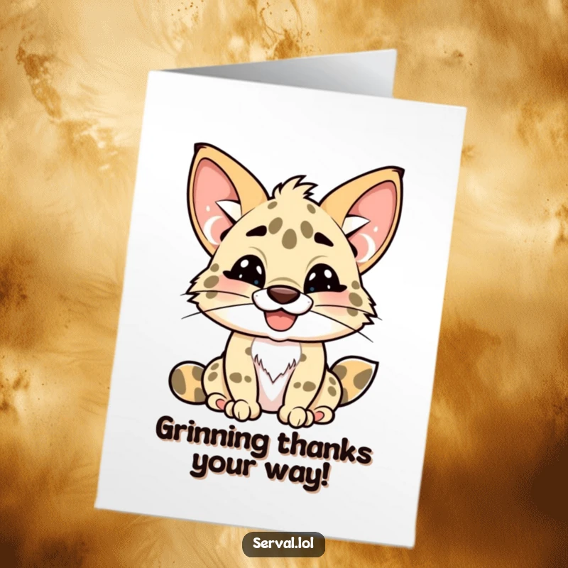 Funny Free Printable Thank You Card featuring a kawaii serval with a big, playful, toothy grin, spreading thanks.