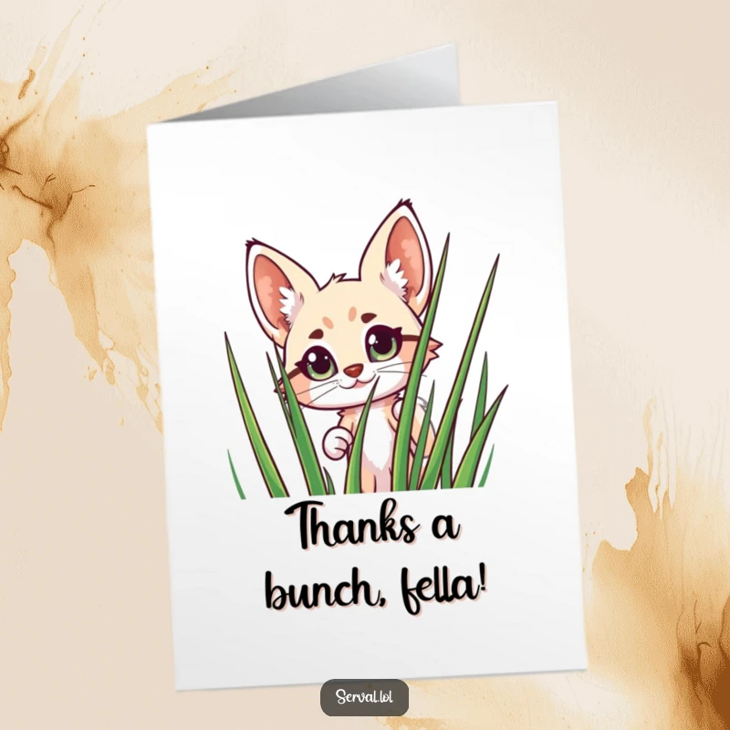 Funny Free Printable Thank You Card: Cheerful Serval Peeking Wide-Eyed from Grass, DIY.
