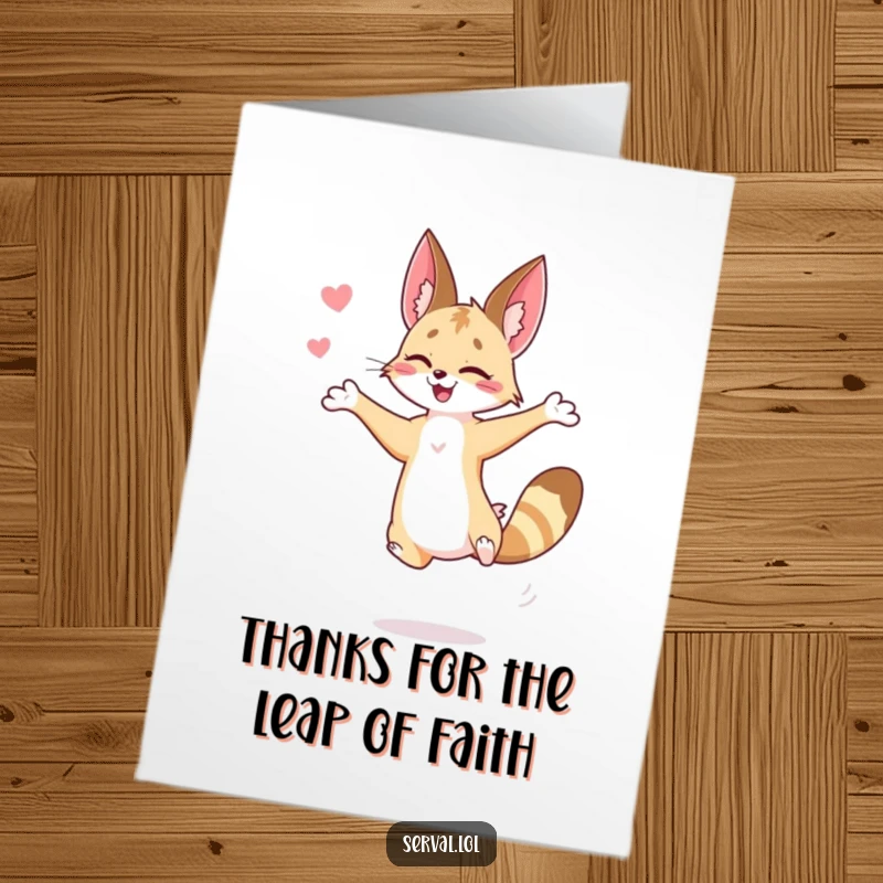Funny Free Printable Thank You Card featuring a serval in a lighthearted, acrobatic jump, conveying thanks.
