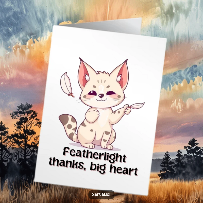 Funny Free Printable Thank You Card: A serval curiously batting at a feather mid-air, perfect for a humorous thank you.