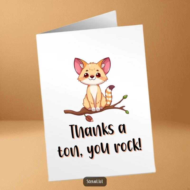 Funny Free Printable Thank You Card: Amusing serval wobbling on a thin branch, expressing thanks with comic relief.