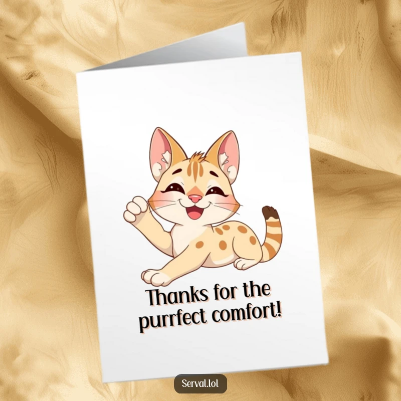 Funny Free Printable Thank You Card: Excited serval character stretching languidly with a contented smile, expressing thanks.