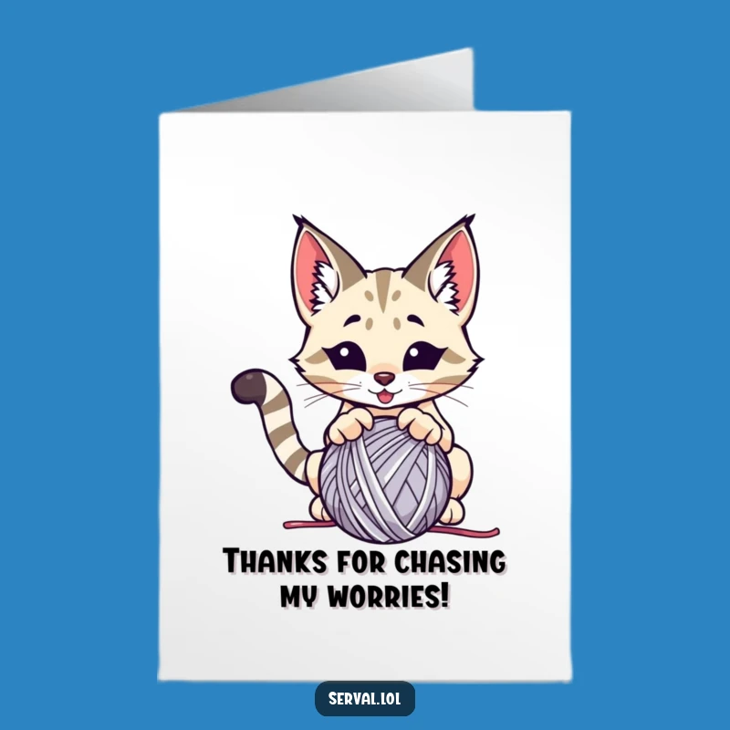 Free Printable Thank You Card: Playful Serval Yarn Funny Downloadable Gift Greeting Card