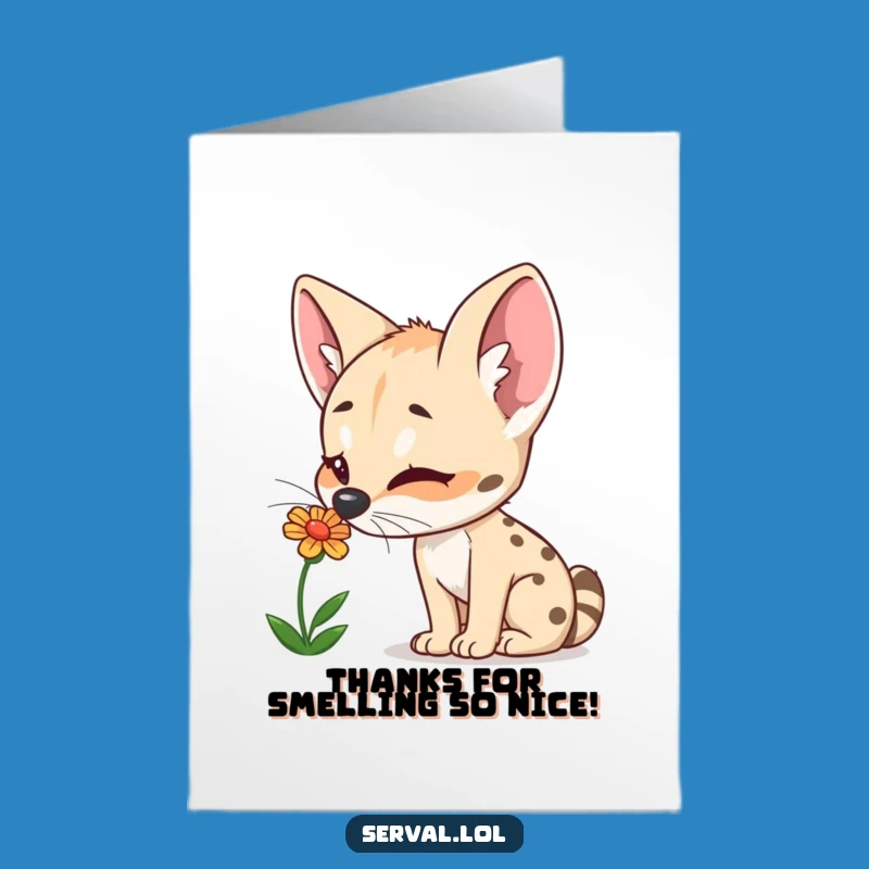 Free Printable Thank You Card: Joyful Serval Smelling Flower, Downloadable Gratitude for Gardeners