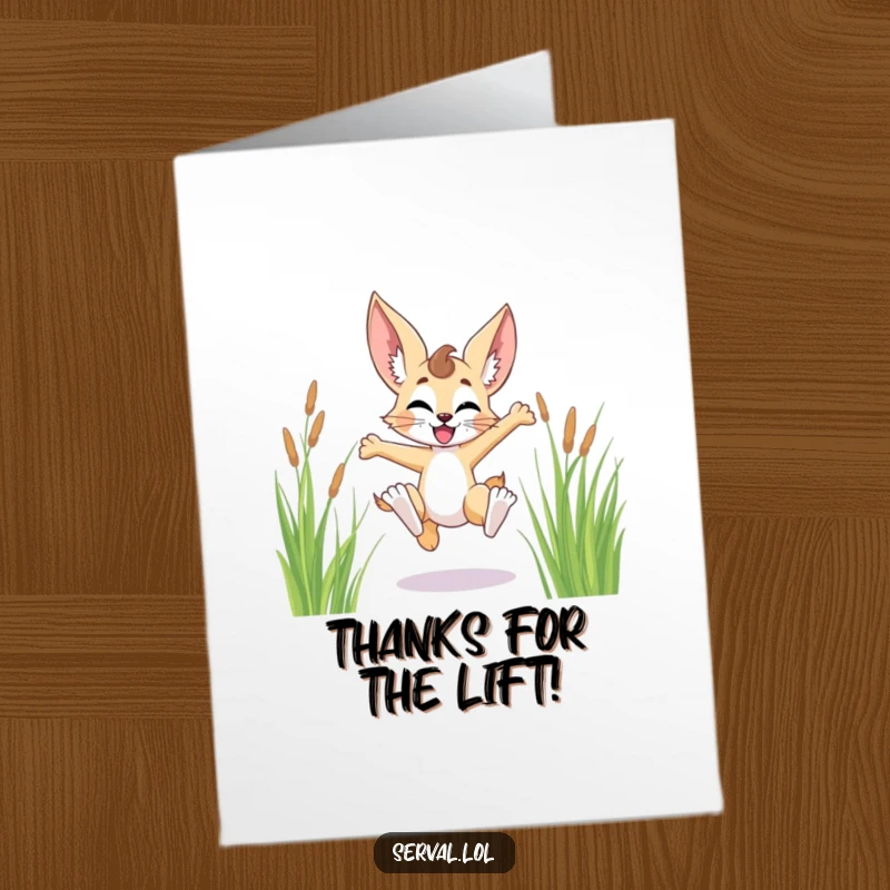 Funny free printable thank you card featuring a serval character joyfully leaping through tall, green grass with enthusiasm.