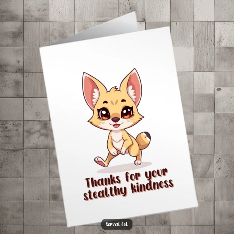 Funny Free Printable Thank You Card: A serval doing a silly tiptoe, conveying thanks with a playful wink.