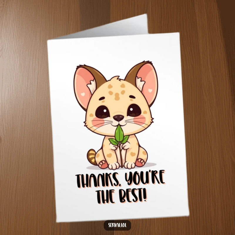 Funny Free Printable Thank You Card: A kawaii serval character with impressive balance holding a leaf on its nose.