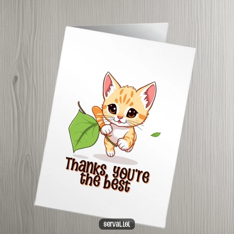 Funny free printable thank you card with a serval kitten in mid-pounce, chasing a leaf.