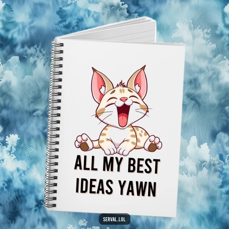 Funny notebook featuring a serval cat stretching and yawning contentedly, inspiring creative thoughts and joyful entries.