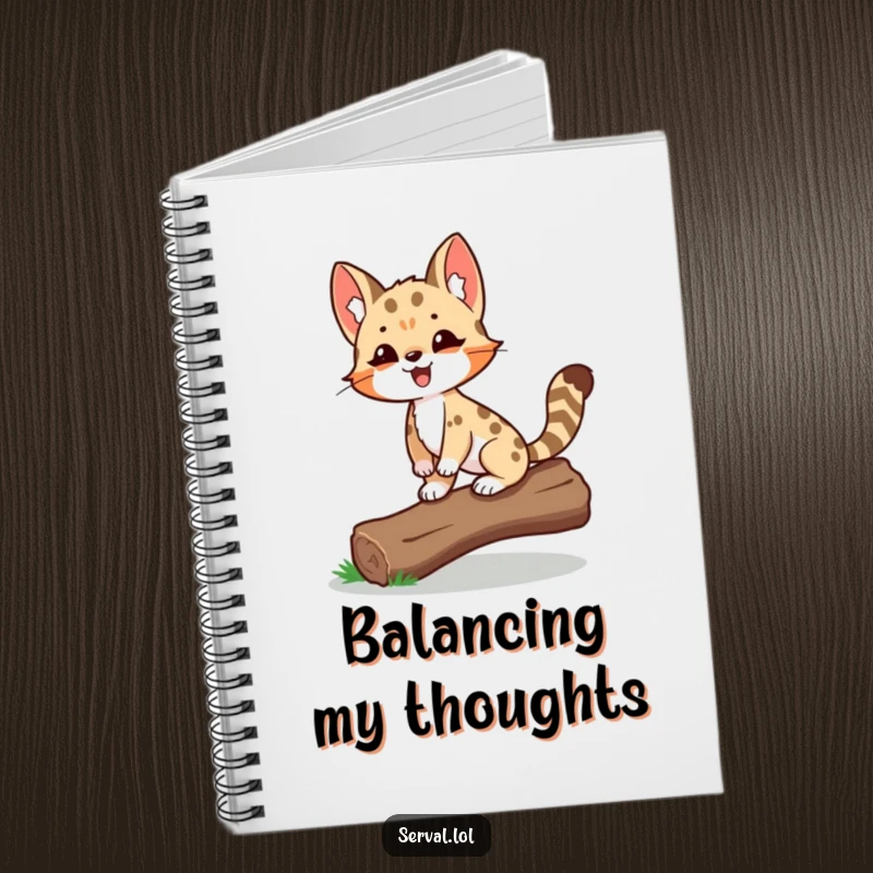 Funny Serval Notebook featuring a delighted serval proudly balancing on a log, perfect for recording achievements.