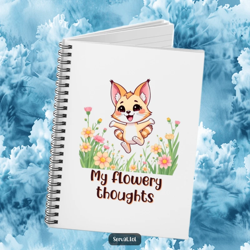 Funny kawaii serval cat joyfully bounding through tall flowers, on the cover of a notebook.