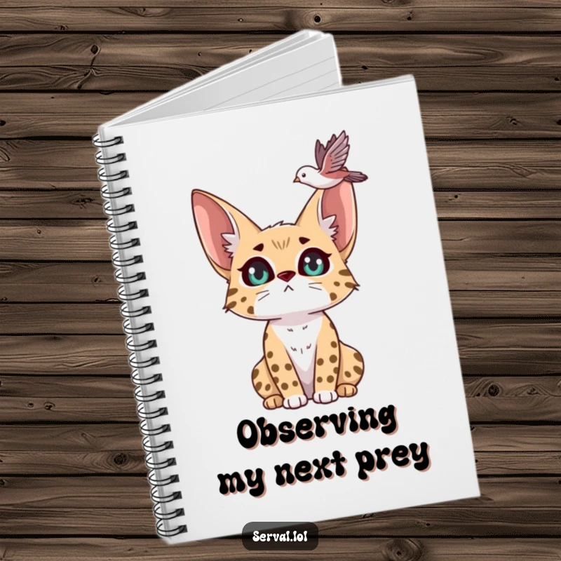 Funny serval notebook showing a serval with expressive eyes, intently watching a bird fly overhead, perfect for detailed notes and observations.