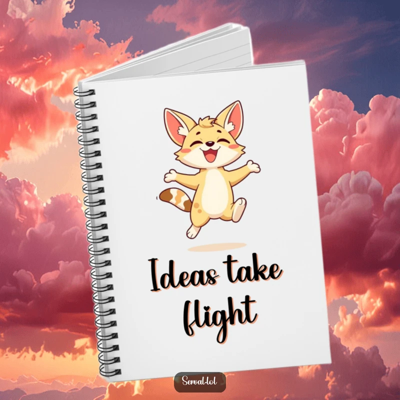 Funny kawaii serval character mid-leap on the cover of a notebook, perfect for jotting down ideas.