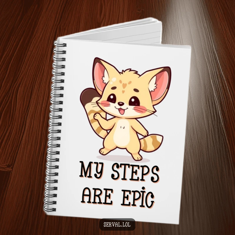 Funny kawaii serval character doing a nimble dance step on the cover of a notebook, perfect for journaling.
