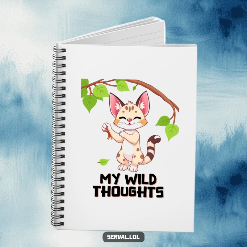 Funny serval notebook with a serval character playfully batting at a vine, perfect for creative journaling.
