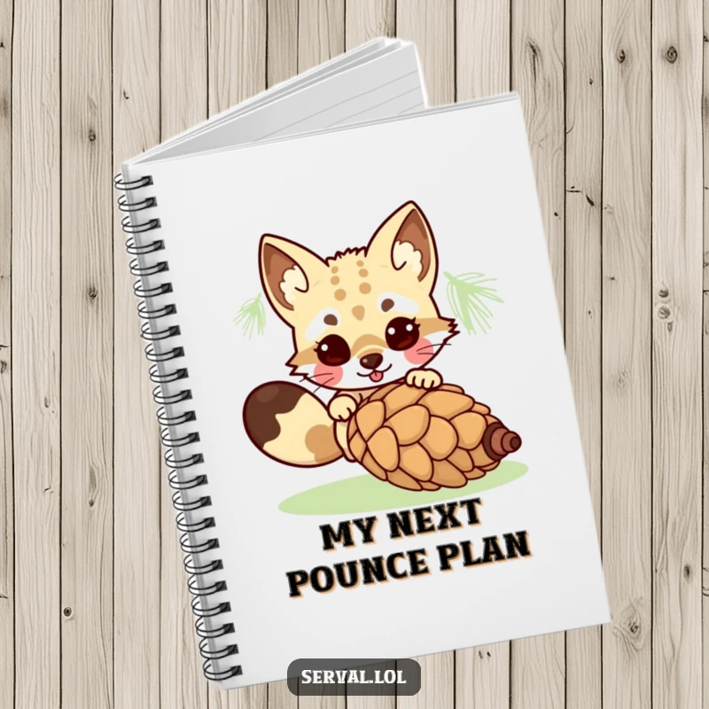 Funny kawaii serval character in a hilarious pounce on a rolling pinecone, perfect for jotting down funny thoughts and ideas. Gift idea.