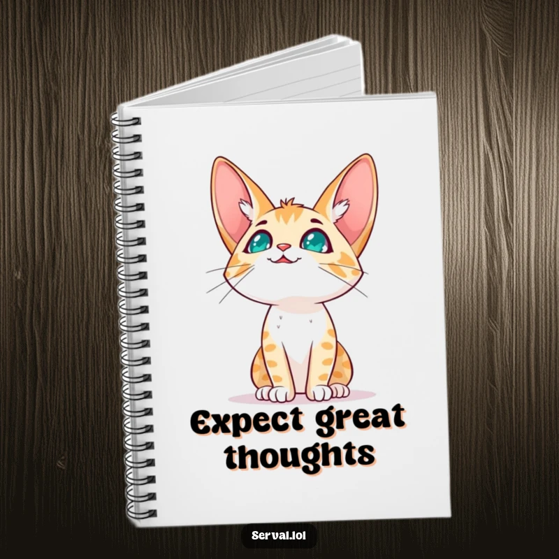 Funny serval cat character notebook with a serval cat looking expectantly at the sky, perfect for jotting down dreams and hopeful thoughts.
