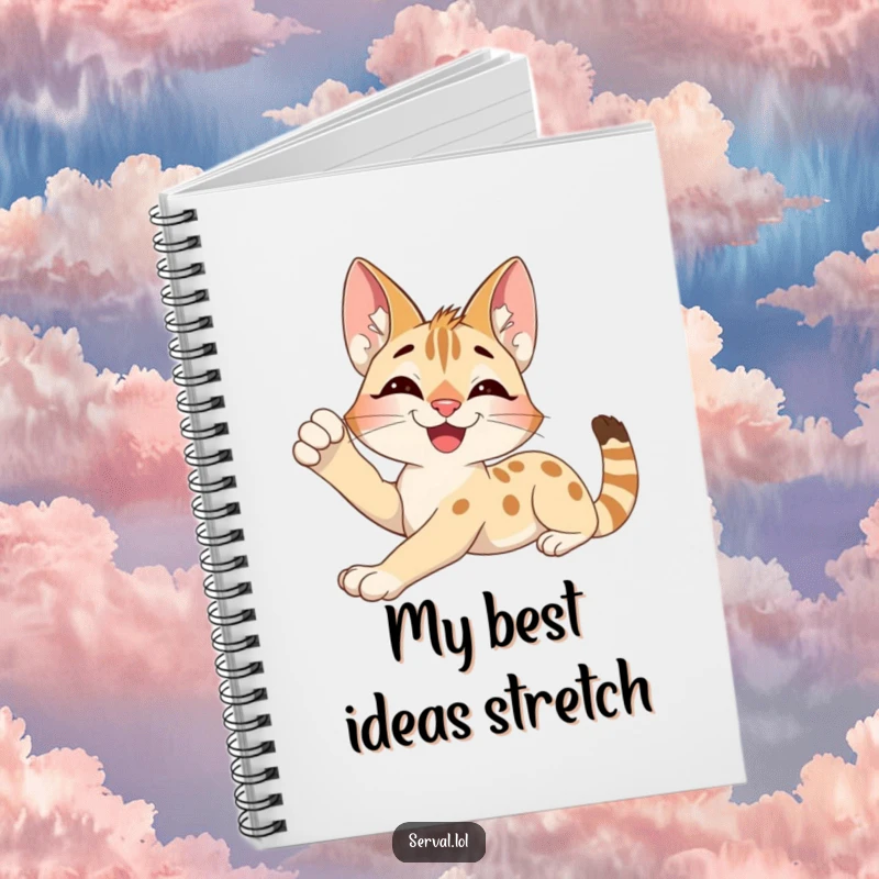 Funny Serval Notebook: An excited serval character stretching contentedly, featuring a cover perfect for relaxed note-taking.