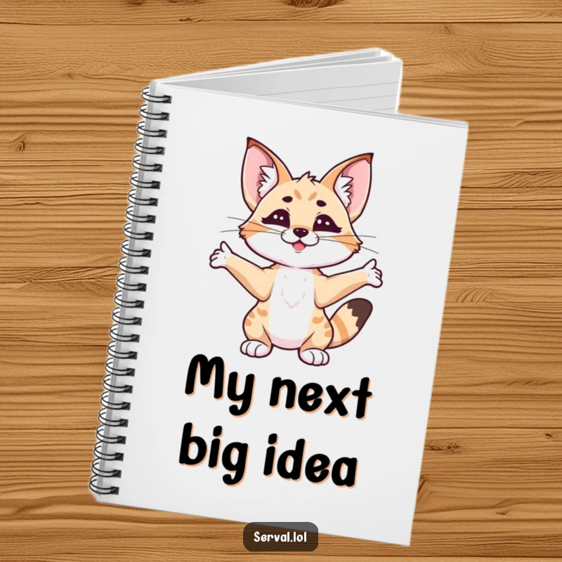 Funny serval stretching notebook, a serval cat in a relaxed stretch, perfect for jotting down humorous ideas.