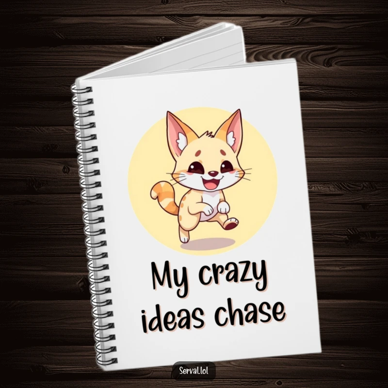 Funny serval notebook with a wide-grinned serval captured in a playful loop, chasing its tail, ideal for journaling and creative notes.