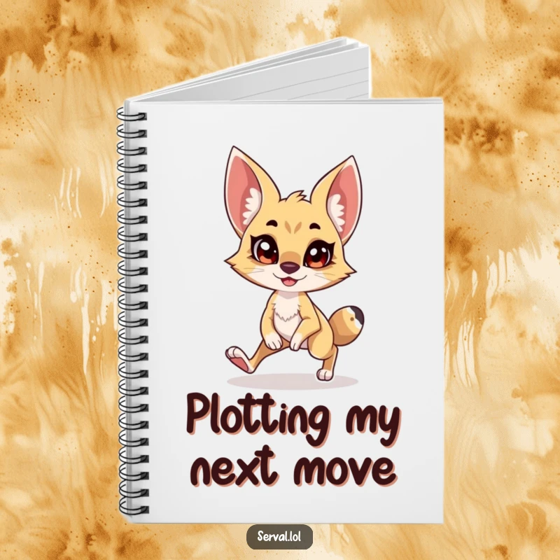 Funny Serval Notebook: A serval character in a stealthy, tiptoeing pose with a mischievous grin, great for journaling.