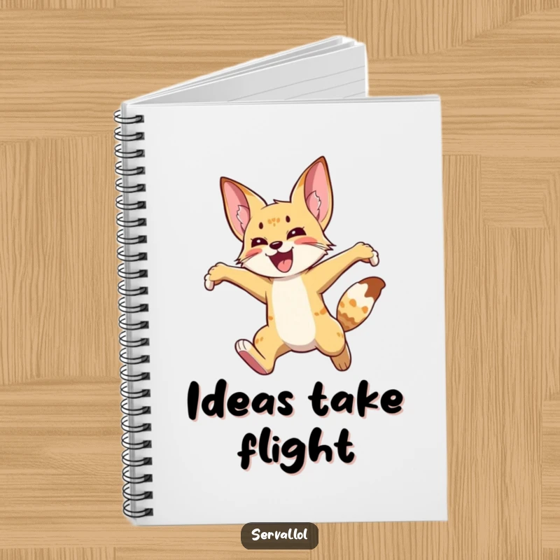 Funny serval notebook cover with a wild cat leaping high in the air with joy, encouraging energetic and inspired writing.