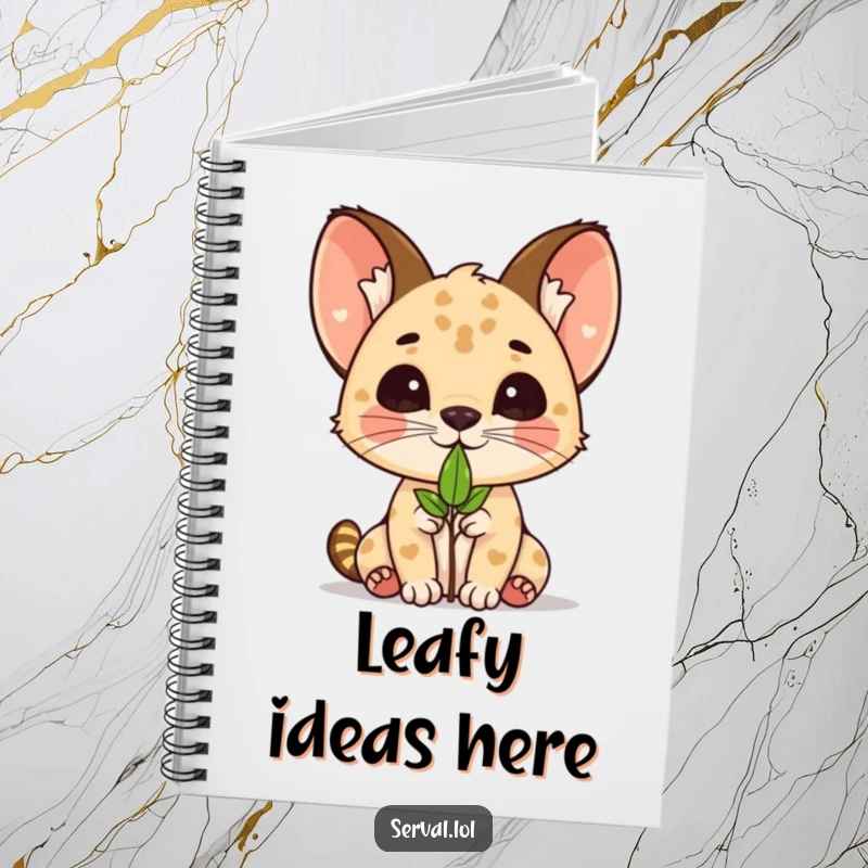 Funny kawaii serval cat balancing a small leaf on its nose, on the cover of a notebook.