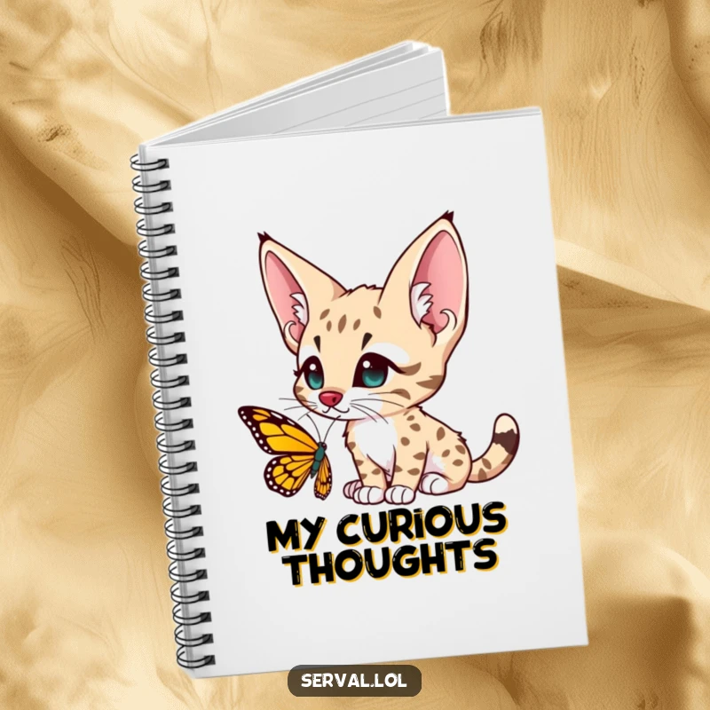 Funny serval character notebook, large ears perked, looking curiously at a butterfly, encouraging thoughtful note-taking.