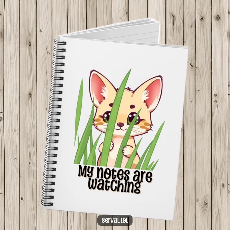 Funny Serval Notebook with a cheerful serval peeking wide-eyed from behind grass, perfect for jotting down notes with a smile.