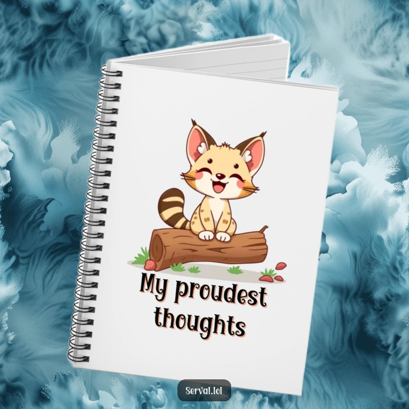 Funny Serval Notebook: A delighted serval balances proudly on a log, ideal for recording achievements with humor.
